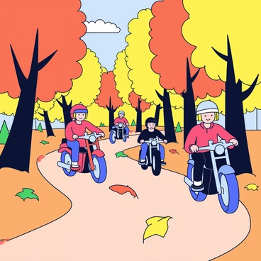A group of motorcycles riding along a winding dirt path through a dense forest. The motorcycles are various colors, including red, black, and blue. Surrounding the path are trees with vibrant autumn leaves in shades of orange, yellow, and red, creating a colorful backdrop. Sunlight filters through the branches, casting dappled light on the ground. A few fallen leaves are scattered on the path, adding to the autumn atmosphere.