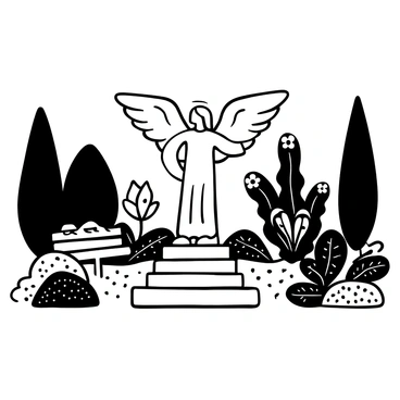 A marble statue of an angel with outstretched wings stands prominently in the center of a meticulously arranged garden. The angel is depicted in a graceful pose, with delicate details carved into the feathers of the wings. Surrounding the statue are various plants and flowers with intricate patterns, creating a lush green landscape. A stone pathway leads up to the statue, lined with small pebbles. In the background, there are tall trees providing gentle shade, while a smooth stone bench rests nearby, inviting visitors to sit and admire the scene.