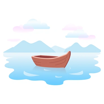 A small boat is floating in the middle of a calm, expansive lake surrounded by gently rippling water. The boat is made of wood, featuring a simple design with a light brown color. The lake reflects a gradient of soft pastel colors in the sky, creating a tranquil atmosphere. In the distance, faint silhouettes of mountains rise against the horizon, adding depth to the scene. Light clouds drift lazily across the sky, enhancing the peaceful setting.