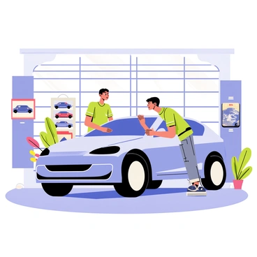 A buyer examining a sleek new car with a shiny metallic finish in a bright showroom. The car is a modern design with smooth curves and a bold front grille. The showroom is filled with colorful lighting reflecting off the polished floor. There are large windows allowing natural light to illuminate the space. Various promotional posters of other cars can be seen in the background, and a salesperson is standing nearby ready to assist. The buyer is dressed casually, displaying curiosity and admiration while leaning slightly closer to the car.