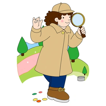 A young girl with curly brown hair is dressed as a detective, wearing a classic beige trench coat that is slightly oversized. She has a matching detective hat perched on her head, tilted to one side. In her right hand, she holds a large round magnifying glass and is peering intently through it, searching for clues on the ground. Her left hand is raised, and she is pointing excitedly at a small, colorful footprint nearby. The background consists of a playful, cartoon-like scene with bright colors, including trees and a whimsical path.