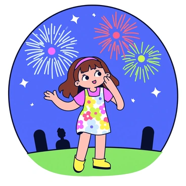 A girl with long brown hair is standing on a grassy field. She is wearing a colorful summer dress with floral patterns. Her eyes are wide with excitement as she gazes at the sky. In the background, vibrant fireworks explode in various colors, illuminating the night sky. The burst of reds, blues, and greens creates a dazzling display above her. Around her, there are faint silhouettes of other festival-goers enjoying the show. The scene captures the joyful atmosphere of the festival.