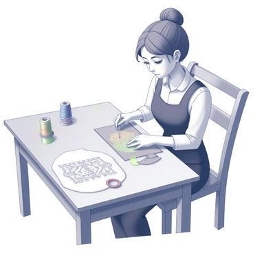 A character focused on intricate embroidery work on a costume piece