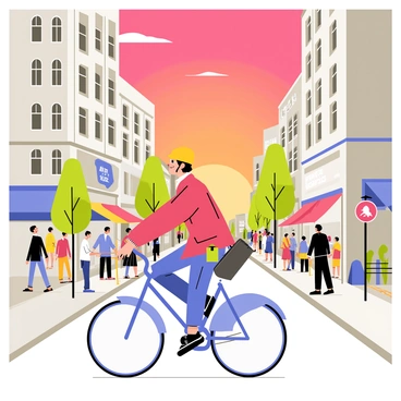 A woman riding a blue bicycle, wearing a yellow helmet and a bright red jacket, cycles through a bustling city street. The street is lined with tall, gray buildings and is filled with busy pedestrians and colorful street vendors. The sky is painted in vibrant hues of orange and pink as the sun sets in the background. There are lighted shop signs in various colors illuminating the scene, and a few trees dot the sidewalk, their leaves gently swaying in the breeze.