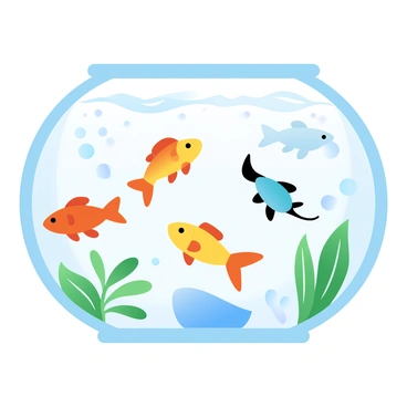 Six vibrant fish of various species are swimming gracefully in a clear aquarium. The fish are displaying bright colors, including orange, yellow, blue, and green. Aquatic plants with lush green leaves are evenly distributed throughout the aquarium, creating a natural habitat. The water is crystal clear, allowing for a perfect view of the fish and plants. Bubbles are rising gently from an air stone at the bottom of the tank, adding a lively touch to the serene underwater scene.