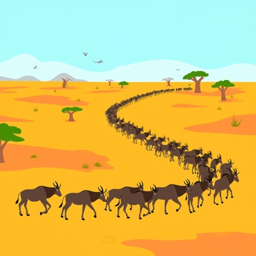 A large herd of wildebeest moving in a synchronized manner across a vast African plain. The scene is filled with numerous wildebeests, showcasing their sturdy bodies and distinctive curved horns. The grassy landscape is dotted with patches of dry earth and sparse vegetation, creating a natural habitat. In the background, there are acacia trees silhouetted against a clear blue sky. A few birds can be seen flying overhead as the herd continues its migration. The sun casts a warm golden light over the scene, highlighting the dynamic movement of the animals.
