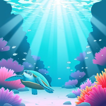 A vibrant underwater scene with sunlight filtering through the water's surface, creating radiant beams of light that illuminate the surroundings. Colorful coral reefs in shades of pink, orange, and purple are visible, teeming with diverse marine life. Schools of small fish dart around, reflecting the light, while a graceful sea turtle glides peacefully through the scene. The sandy ocean floor is dotted with seashells and small rocks, completing the tranquil underwater environment.