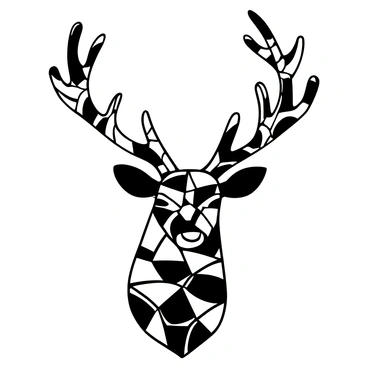 A deer's head with intricate antlers composed of various mosaic tiles arranged in unique patterns. The tiles exhibit different shapes and sizes, creating a textured and detailed appearance. The deer's head is positioned upright, showcasing the majestic antlers extending outward. Each section of the antlers is carefully crafted from the mosaic tiles, adding depth and complexity to the overall design. The background is minimal, allowing the focus to remain on the striking combination of the deer's head and the artistic mosaic antlers.