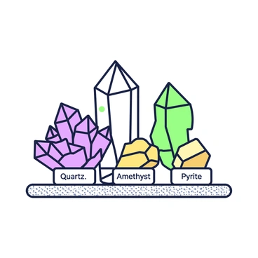 A close-up view of various mineral crystals arranged on a textured surface. The arrangement includes a large quartz crystal with pointed edges, a cluster of amethyst crystals with distinct purple hues, and a shiny pyrite crystal resembling gold. Below the crystals, a small label is placed next to each mineral, with the names "Quartz," "Amethyst," and "Pyrite" clearly visible. Soft light highlights the facets of the crystals, enhancing their intricate structures.