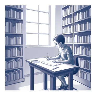 A library filled with bookshelves that reach toward the ceiling. The shelves are densely packed with a variety of books, creating a vibrant and inviting atmosphere. Sunlight streams in through a large window, illuminating the space. A wooden table is positioned near the window, where an artist is sketching on a sheet of paper. The artist is focused, with various drawing tools scattered around, including pencils and erasers. The scene captures the essence of a cozy environment, blending literature and creativity.