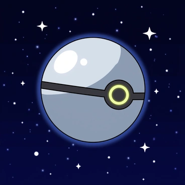 A futuristic Poké Ball, featuring a sleek metallic design with glowing accents, is floating in the vastness of outer space. The surface of the Poké Ball reflects the surrounding twinkling stars, creating a shimmering effect. The background is filled with a deep indigo, representing the emptiness of space, while scattered white stars twinkle in various sizes around the Poké Ball. Some stars are larger and more distant, while others appear closer and smaller, all contributing to the sense of depth in the scene.