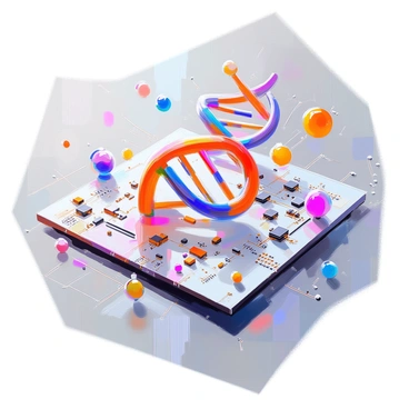 A detailed illustration of a computer circuit board featuring intricate pathways and connections, seamlessly integrated with strands of DNA and various molecular structures. The circuit board is filled with metallic components and traces that connect to the colorful, twisted double helix of DNA, showcasing the fusion of technology and biology. Surrounding the DNA are small, vibrant representations of molecules, adding depth and complexity to the composition. The entire arrangement is carefully structured, highlighting the interplay between the artificial and the organic.