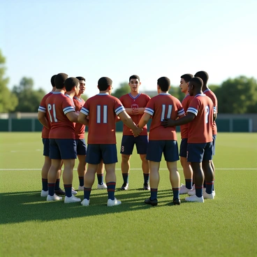 A diverse group of athletes wearing matching jerseys and shorts stands closely together in a huddle on a green grassy field. They have serious expressions on their faces, focused and determined. Each player has their hands joined in the center of the huddle as they engage in a motivational discussion. The scene captures the energy of teamwork and unity, with the sun casting soft shadows on the field. The background features a clear blue sky and distant trees.
