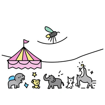 A small fly, with iridescent green wings and a slender body, is balancing delicately on a thin tightrope. The tightrope stretches across a colorful circus tent, adorned with red and yellow stripes. Below the tightrope, a cheering crowd of cartoonish animals, including a lion and an elephant, watches intently. Brightly colored spotlights illuminate the scene, casting playful shadows and emphasizing the vibrant atmosphere of the circus. The fly's tiny legs are positioned skillfully, showcasing its focus and balance as it performs its act.