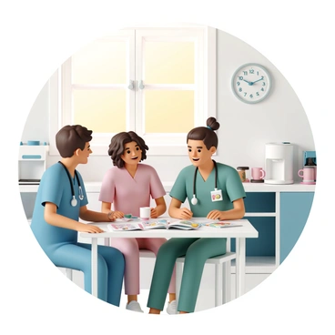 A group of three doctors, two men and one woman, are sitting in a hospital break room. One man is wearing a blue scrubs with a stethoscope around his neck and has short brown hair, while the other man is in green scrubs with a messy bun and is holding a coffee cup. The woman is dressed in pink scrubs and is laughing, her curly hair cascading over her shoulders. They are gathered around a small table covered with magazines and snacks, engaged in a friendly conversation. A wall clock shows that it's around 2:00 PM, and a window beside them lets in warm sunlight, illuminating the room. On the counter, a coffee machine and several mugs are visible.