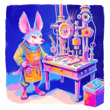 A skaven inventor stands proudly next to a bizarre machine constructed from various pieces of scrap metal and an intricate arrangement of gears. The skaven has matted fur, large ears, and bright red eyes, wearing a patched-up leather apron filled with tools. The machine features an assortment of pipes, cogs, and levers, with sparks flying from its mechanisms. A cluttered workbench nearby is filled with more tools and unfinished projects. The background is dimly lit, emphasizing the complexity of the inventor's creation.