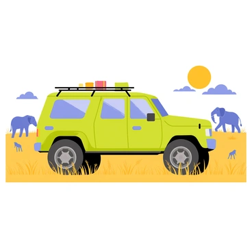 An off-road vehicle driving through a savanna with wildlife in the distance