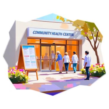 A community health center with a welcoming entrance featuring large glass doors and a warm, inviting outdoor area. The building has a light-colored facade and a sign above the entrance that reads "Community Health Center" in bold letters. In front of the center, there is a wooden community notice board displaying various local events and health information. The notice board is surrounded by vibrant flower beds, adding color and life to the scene. People are seen entering and leaving the center, and a few individuals are gathered around the notice board, reading the posted information.