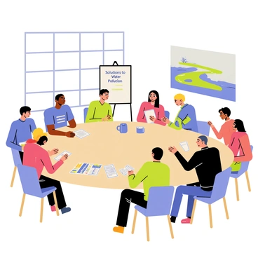 A community meeting taking place in a bright room with a large round table. Around the table, diverse individuals including men and women of various ages, are engaged in discussion. Some participants have notepads and pens, jotting down ideas. A flipchart stands in the corner of the room with the words "Solutions to Water Pollution" written in bold at the top. A large window allows natural light to stream in, illuminating a poster on the wall featuring images of clean rivers and lakes. Several water-related pamphlets are spread out on the table, while a coffee pot and cups are placed at one end for refreshments.