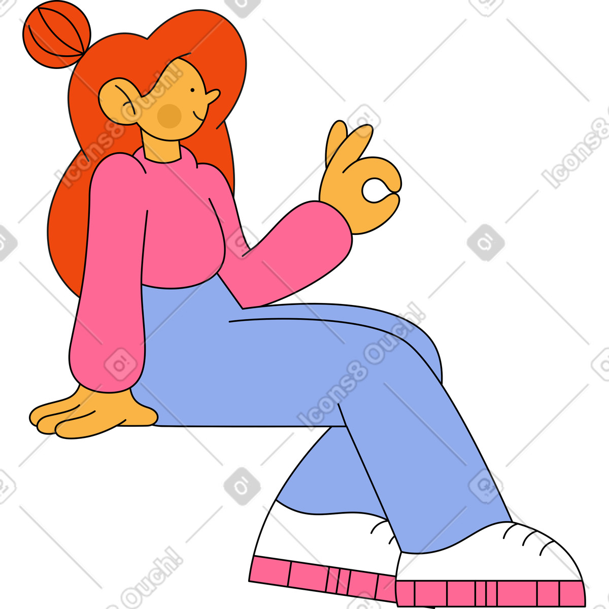 Ragazza seduta che mostra ok illustrazione in stile Bloom scarica in PNG, SVG