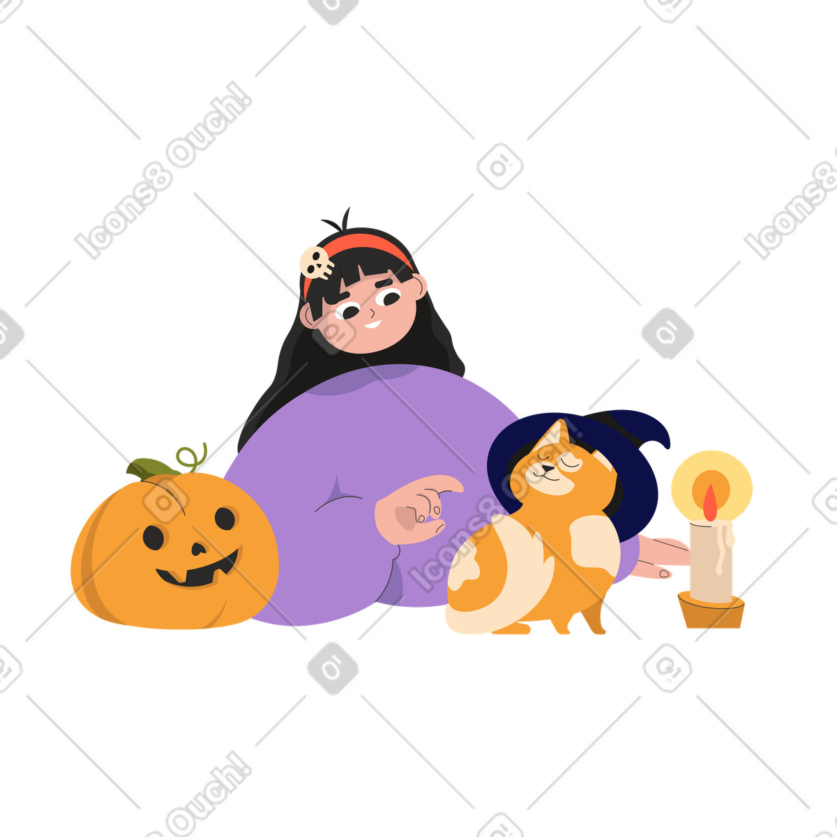 Mädchen und katze mit hexenhut feiern halloween-Illustration im Dizzy-Stil als Download in PNG, SVG