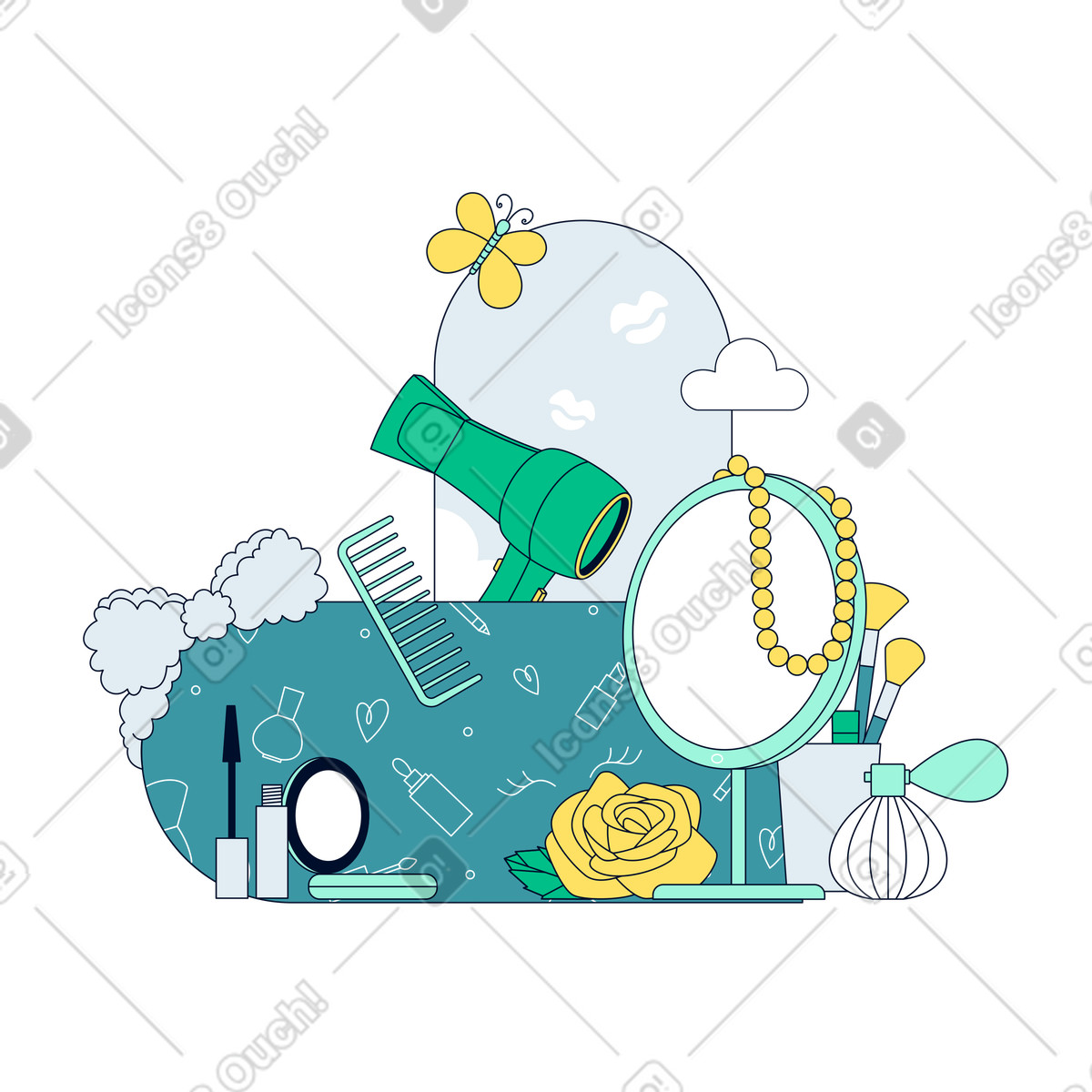 Specchio, prodotti di bellezza e accessori illustrazione in stile Teal scarica in PNG, SVG
