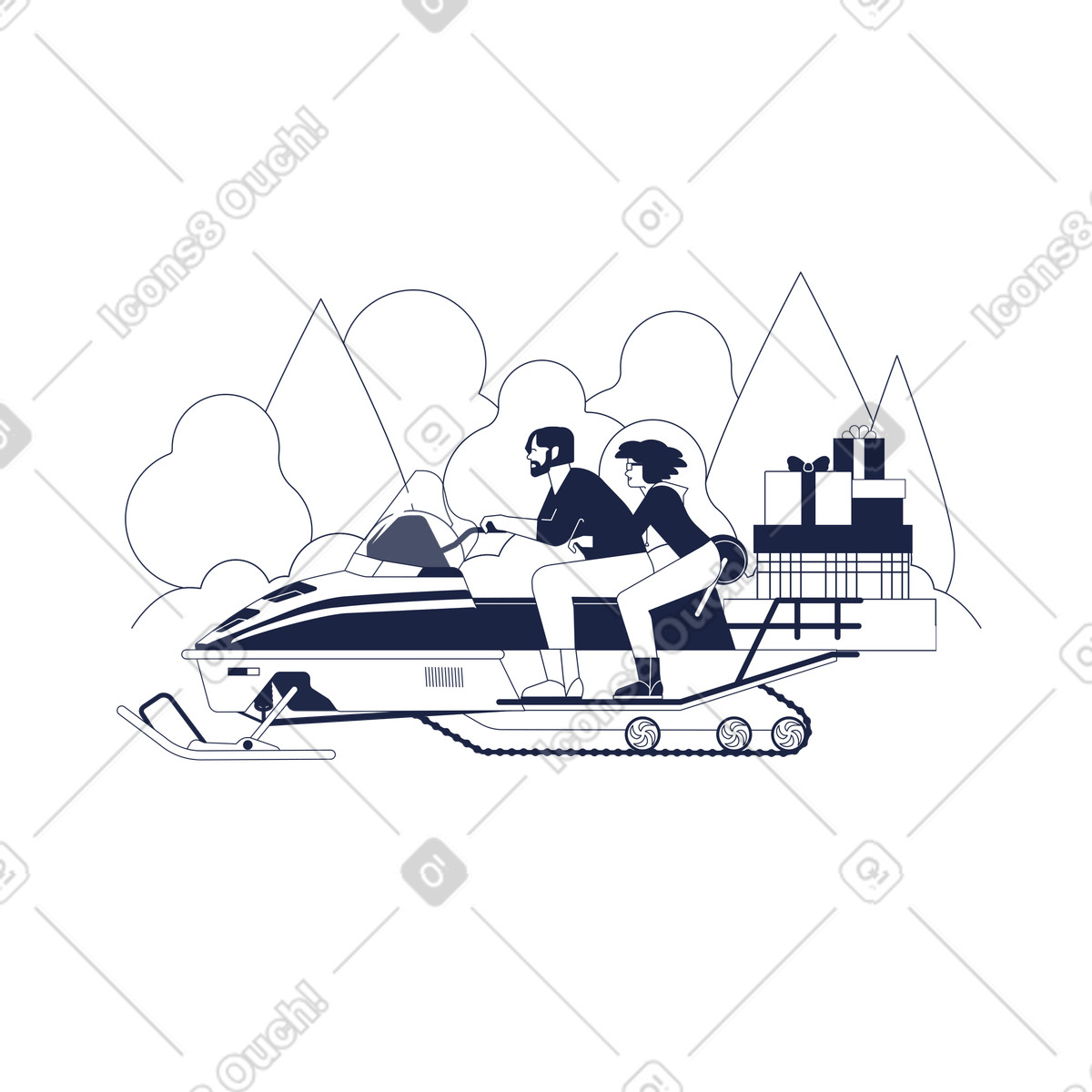 Gift delivery by snowmobile, Christmas logistics-Illustration im Urban Line-Stil als Download in PNG, SVG