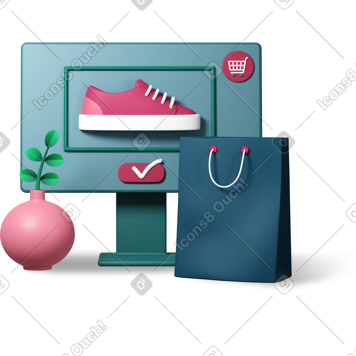 Schermo del computer, shopping online con scarpe, borsa della spesa e vaso illustrazione in stile 3D Plastic people scarica in PNG, SVG