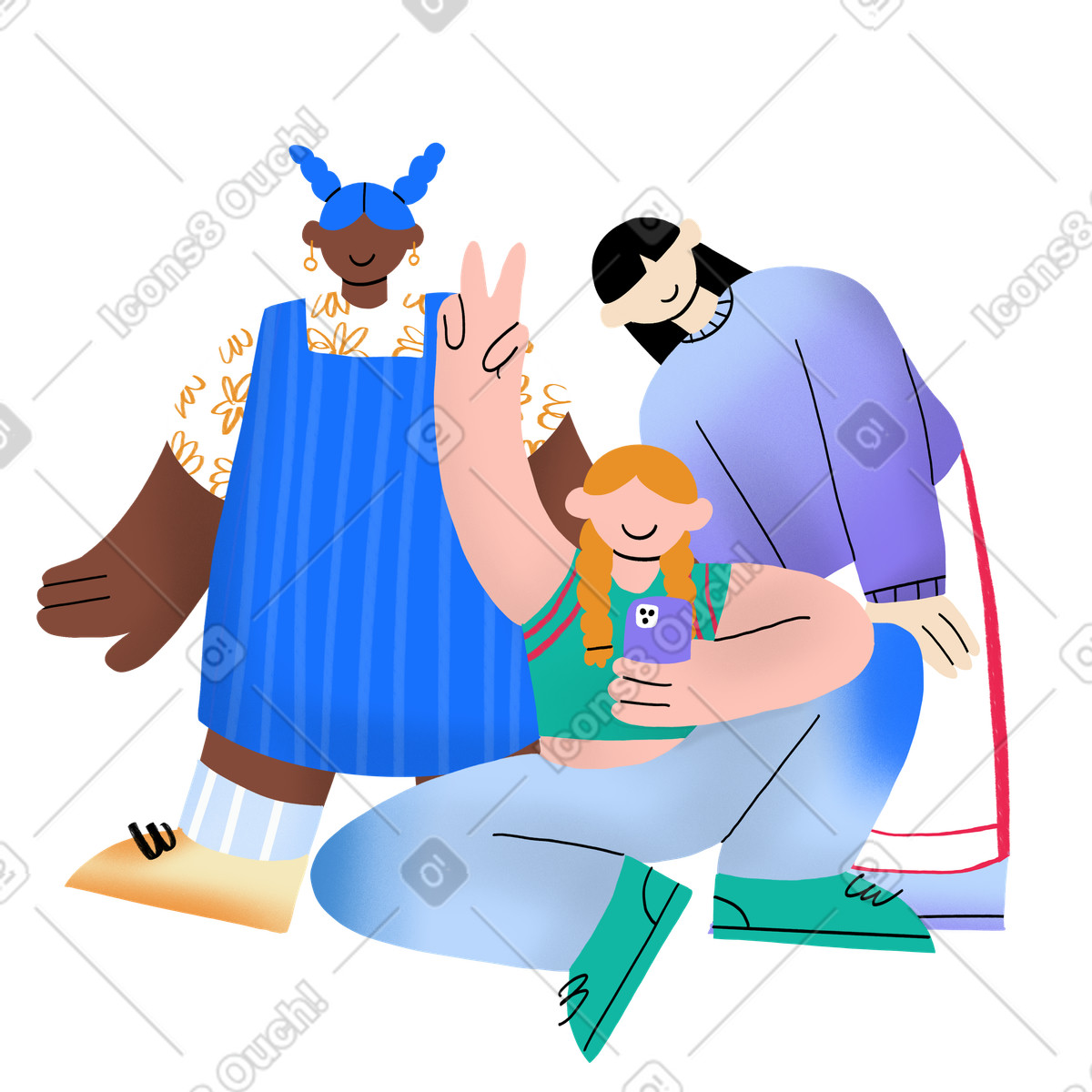 Tre ragazze che si fanno un selfie illustrazione in stile Bonny scarica in PNG, SVG