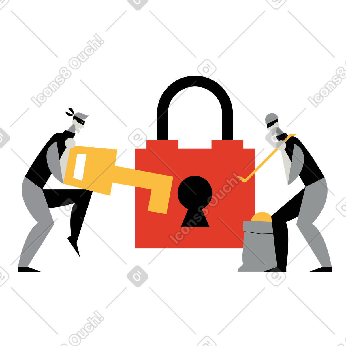 Ilustração de Masked thieves breaking lock with tools, Hacking and cybersecurity breach em no estilo Burgundy para baixar em PNG, SVG