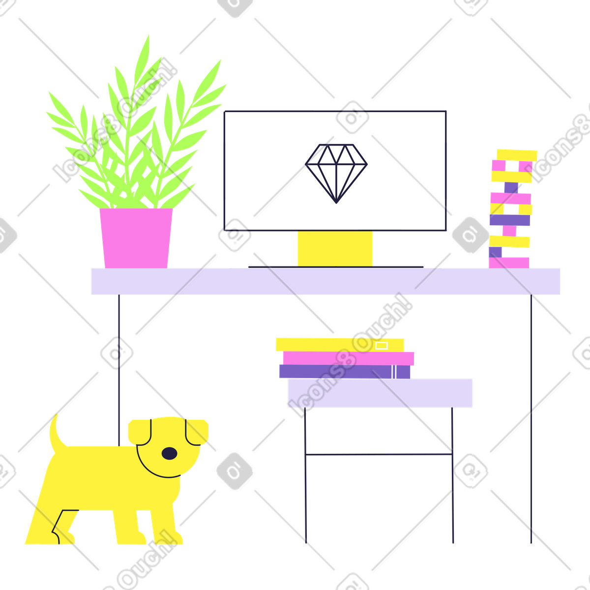 Uno spazio di lavoro domestico ben organizzato illustrazione in stile Mellow scarica in PNG, SVG