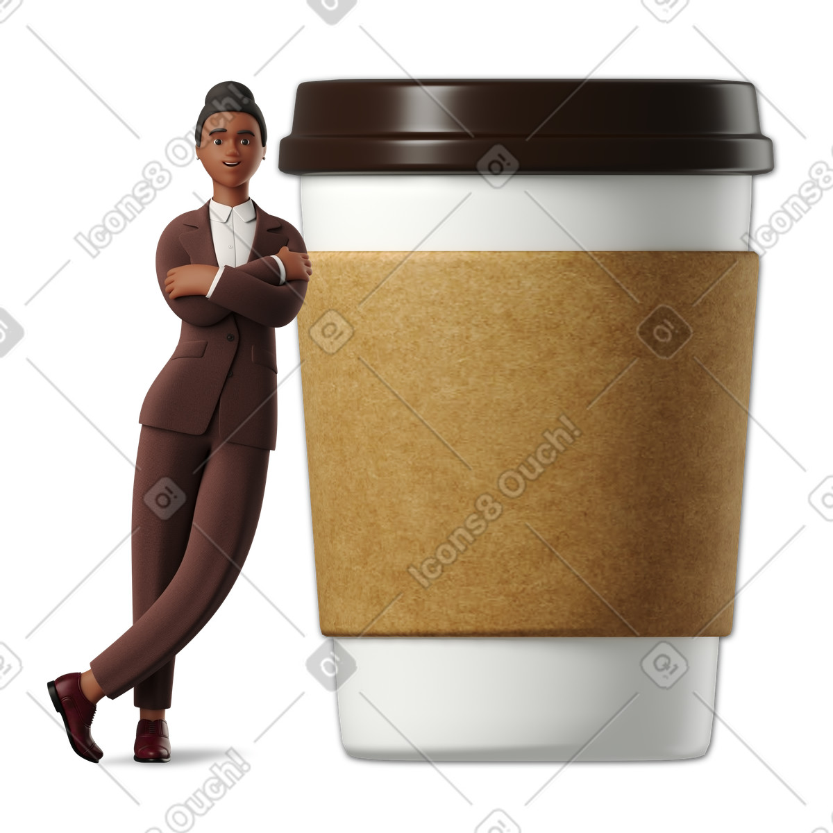 Ilustración Mujer de negocios apoyándose en una gran taza café para llevar estilo 3D Business a descargar PNG y SVG