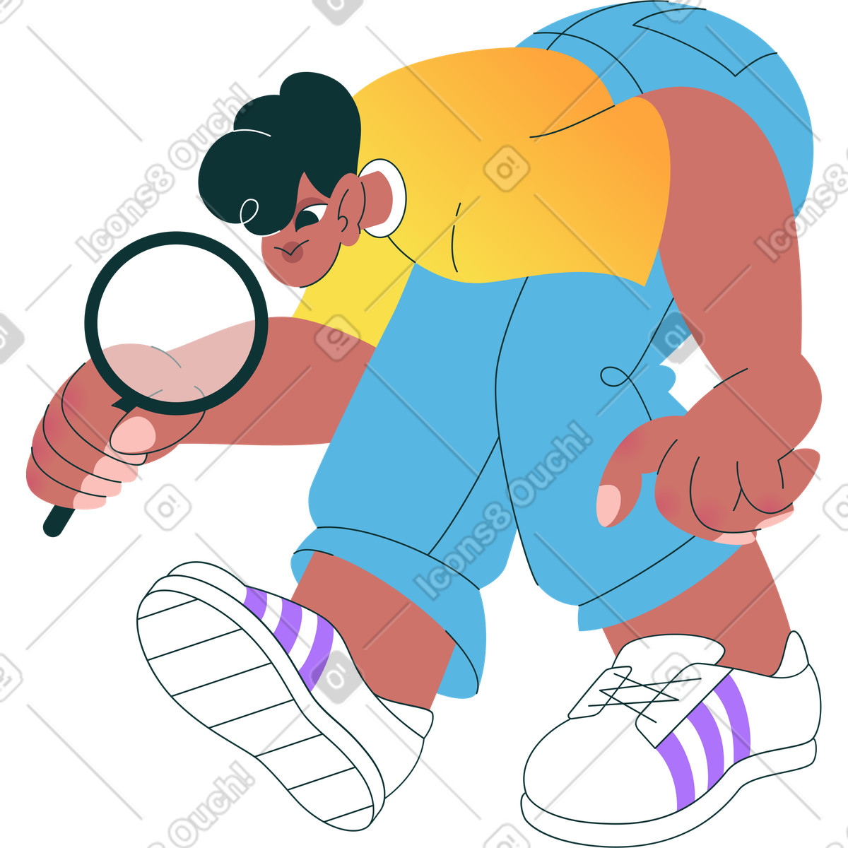 Man bending to look at something with magnifying glass illustration in Florid style download in PNG, SVG