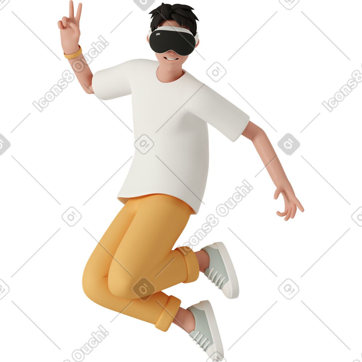 下载 3D Casual life 风格的 Jumping man in vr glasses shows v-sign 插画，支持 PNG、SVG 格式