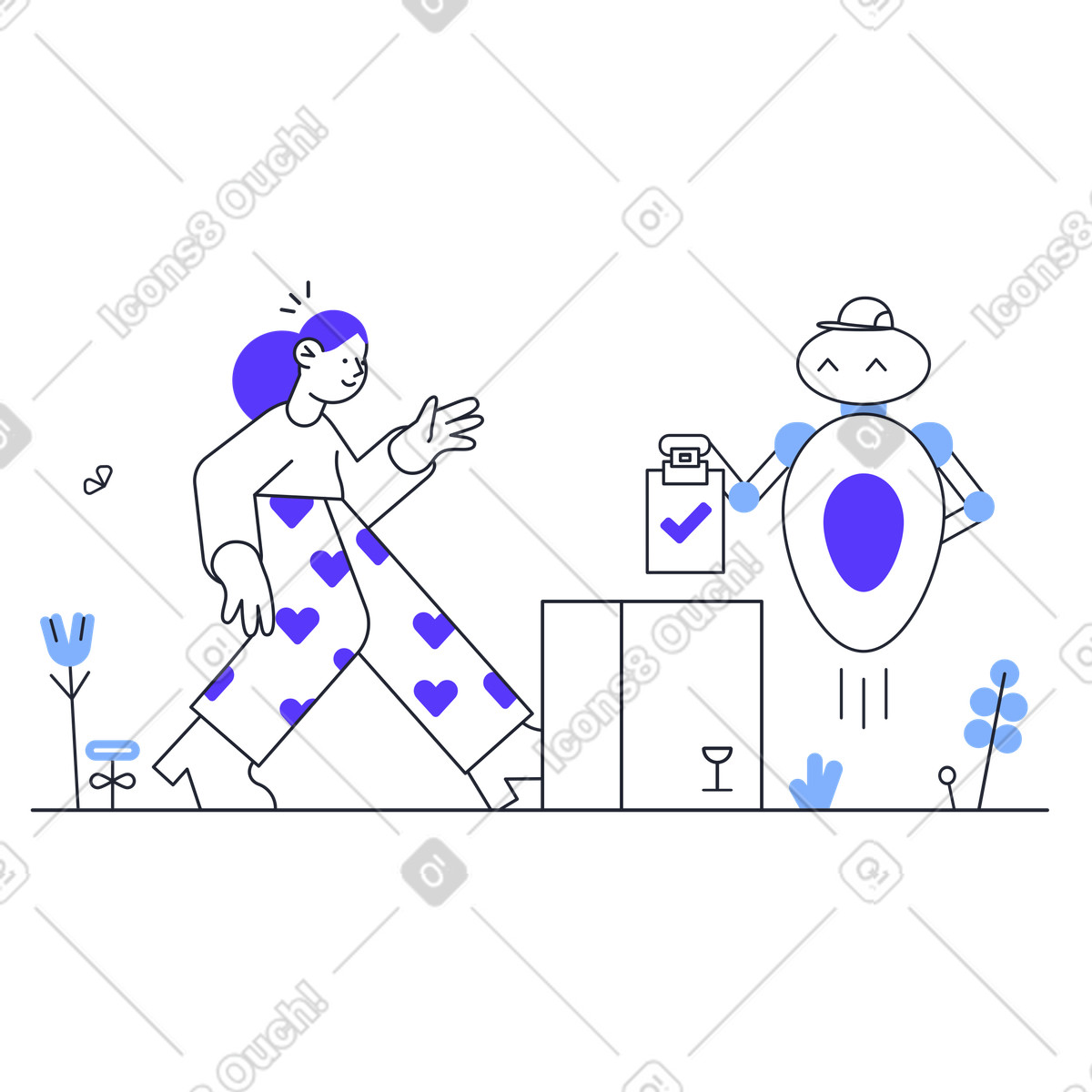 Illustration Une femme se tient à côté d'une boîte et un robot plane proximité avec des documents la main dans le style Pablita télécharger aux formats PNG, SVG