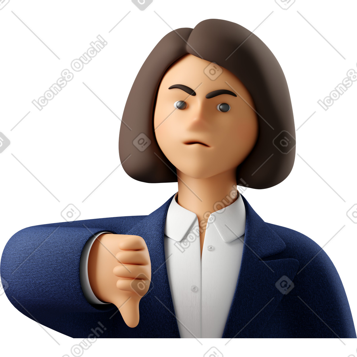 Close up of angry businesswoman in blue suit showing thumbs down-Illustration im 3D Business-Stil als Download PNG, SVG