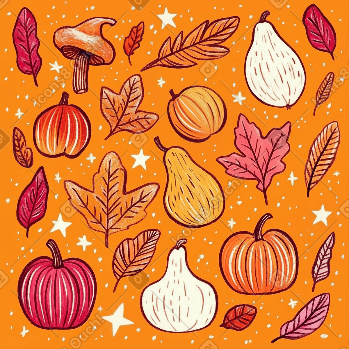 Thanksgiving pattern with pumpkins, autumn leaves and stars illustration in Postcards style download in PNG, SVG
