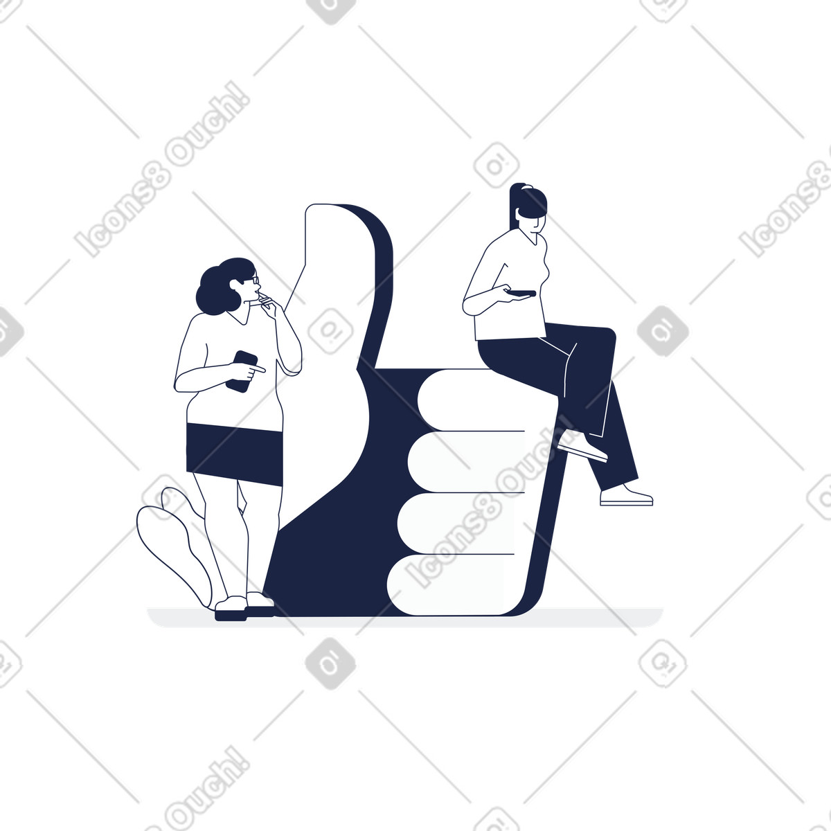 Friends using smartphones with big like icon, Mobile communication and internet approval-Illustration im Urban Line-Stil als Download in PNG, SVG