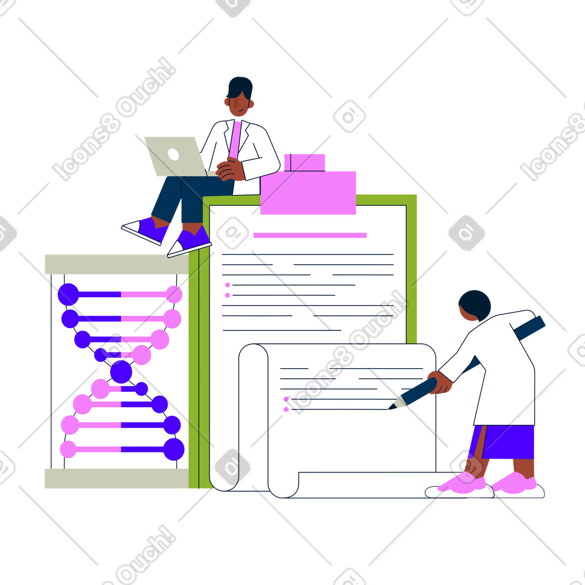 Ilustração de Jovem cientista masculino e feminina estudando dna em no estilo Cubes para baixar em PNG, SVG