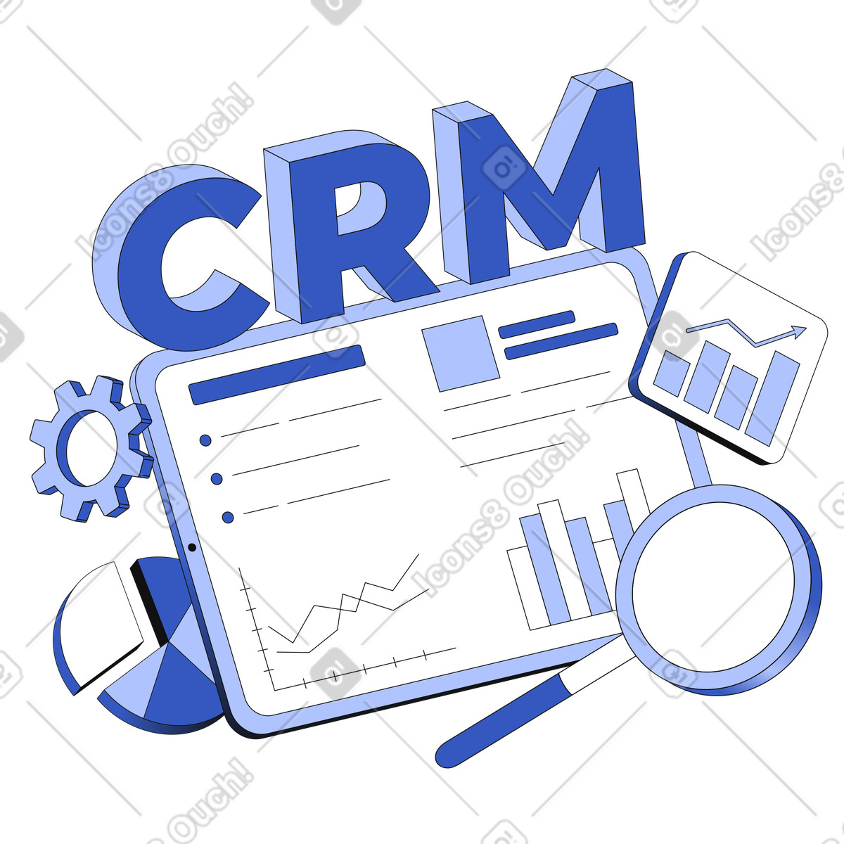 Lettering CRM with graphs, gear and magnifier text illustration in PNG, SVG