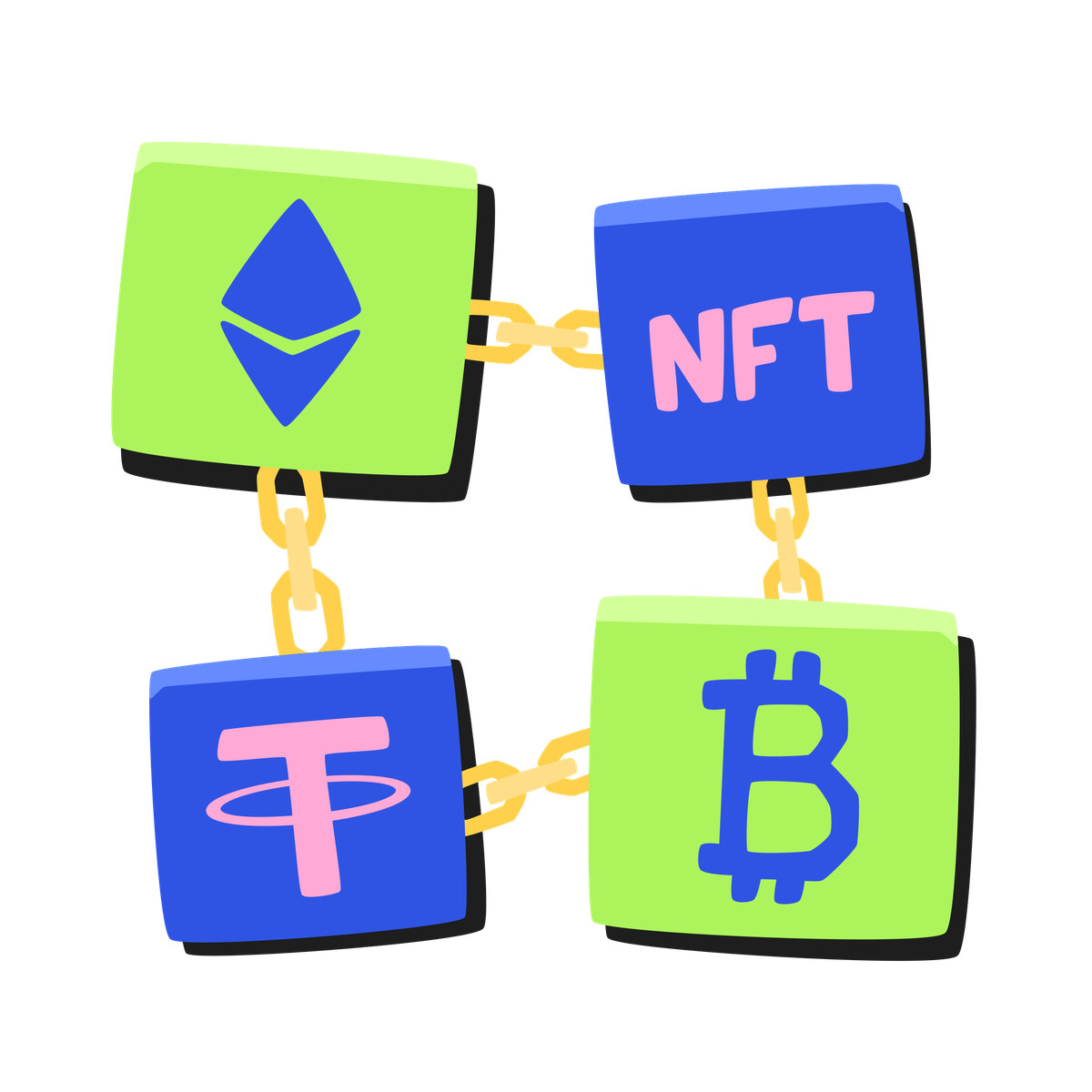 Blockchain with cryptocurrency signs illustration in PNG, SVG