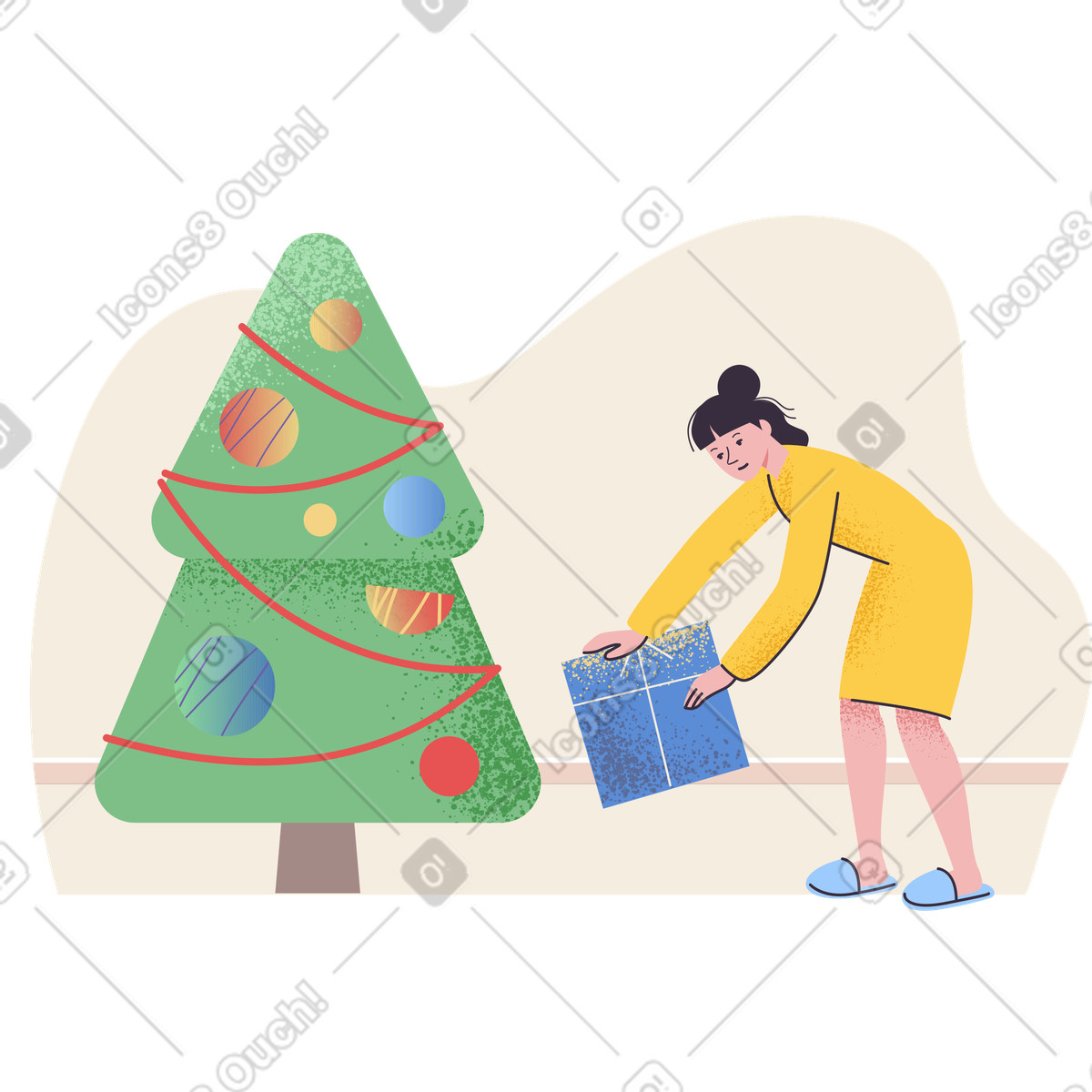 Frau legt ein geschenk unter den weihnachtsbaum-Illustration im Pale-Stil als Download in PNG, SVG