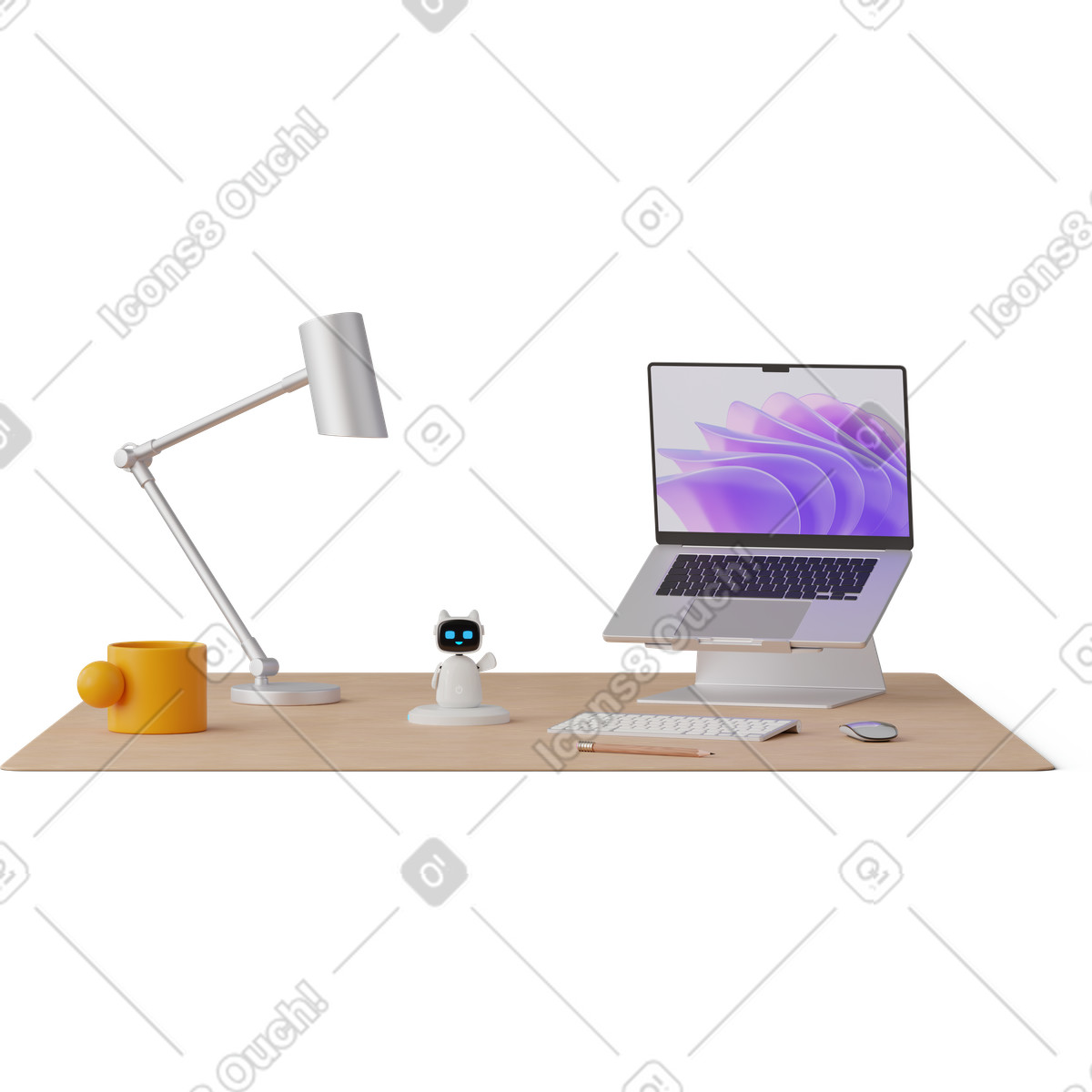 Illustration Vue de face du bureau avec ordinateur portable et assistant robot dans le style 3D Hygge à télécharger aux formats PNG, SVG