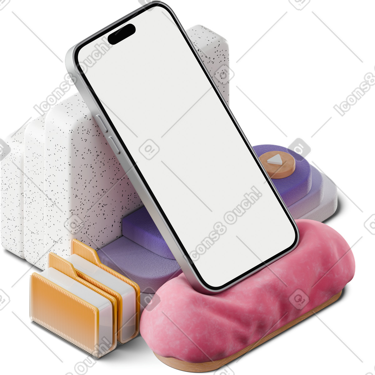 Isometric view of smartphone mockup based on abstract figures with folders illustration in 3D Hygge style download in PNG, SVG