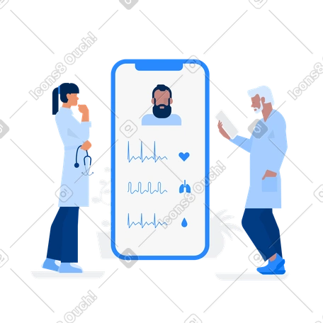 Doctors analyzing health indicators during telemedicine consultation ...