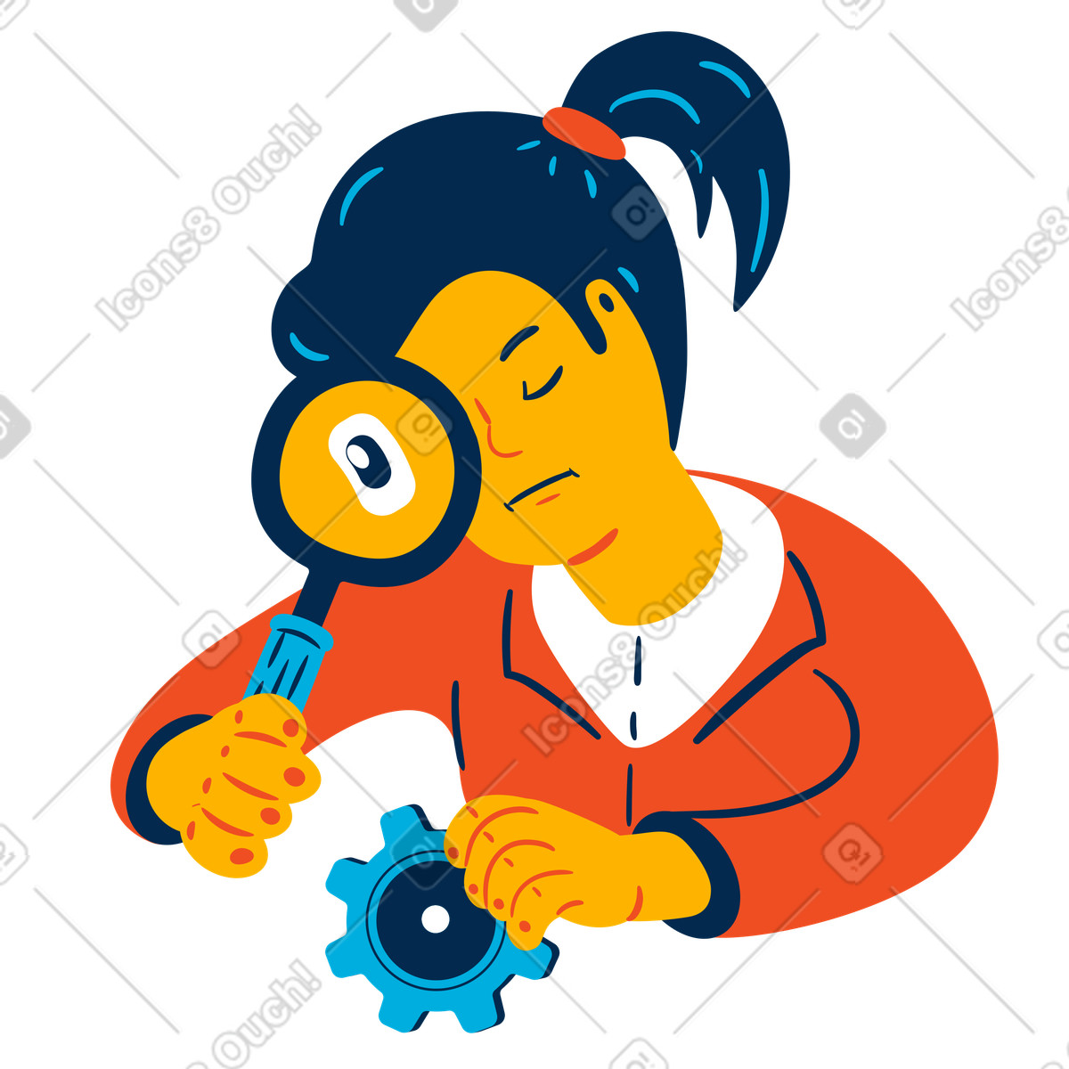Frau studiert ein zahnrad durch die lupe-Illustration im Flame-Stil als Download in PNG, SVG