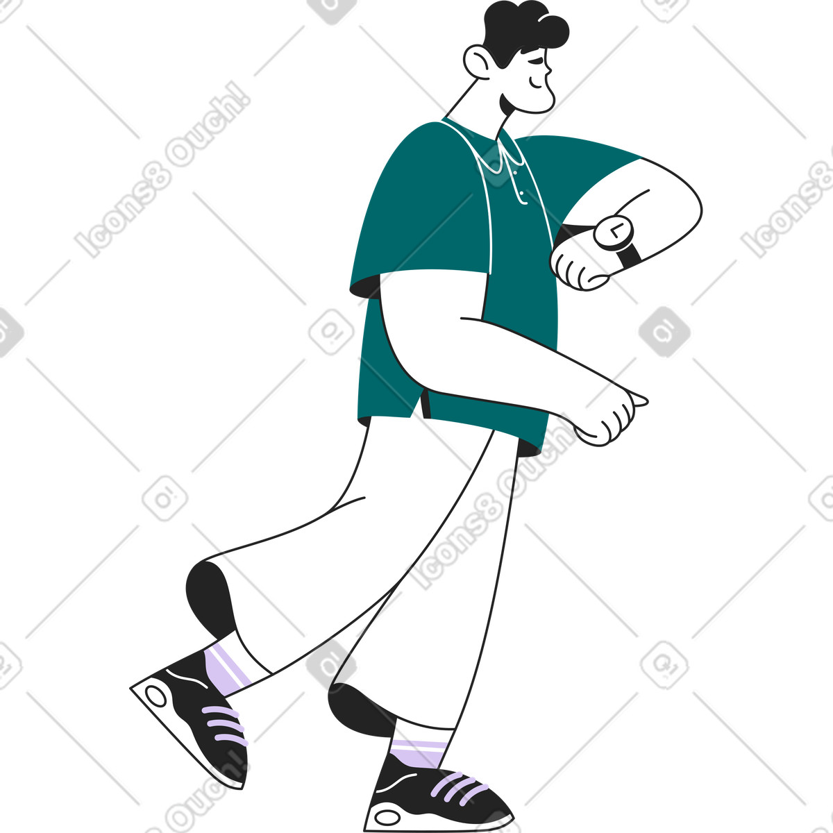 Gehender mann, der auf seine uhr schaut-Illustration im Sammy Line-Stil als Download in PNG, SVG