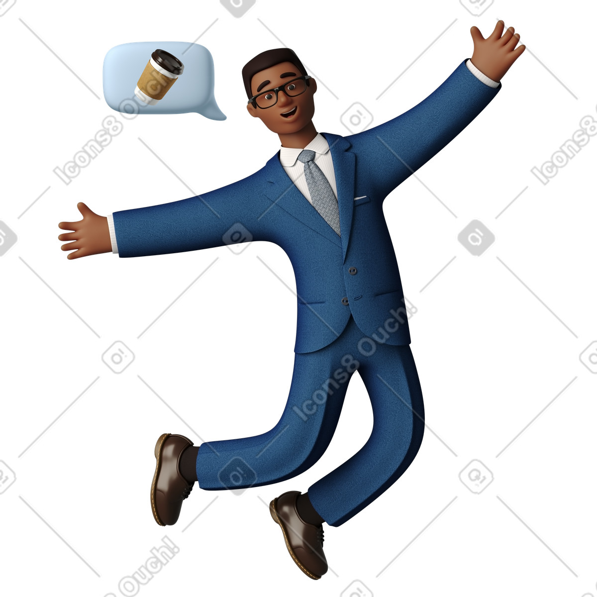 3D Business 스타일의 커피에 대해 생각하는 점프에 사업가 일러스트레이션 PNG, SVG 다운로드