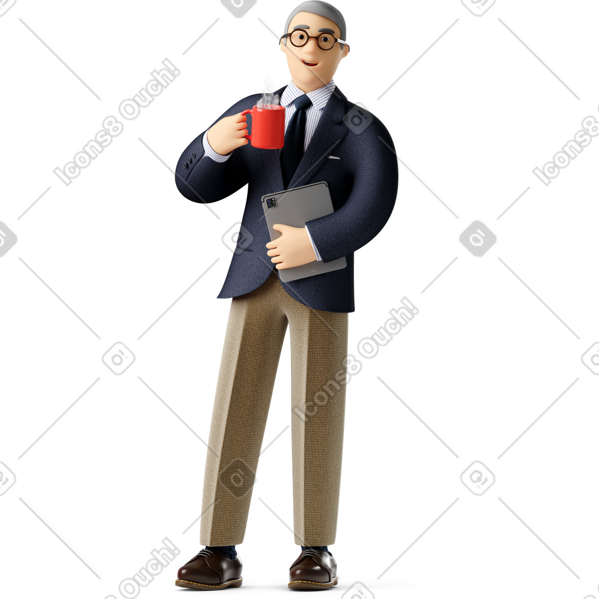 Ilustración Hombre de negocios mayor con gafas pie una taza café en estilo 3D Business a descargar en PNG y SVG