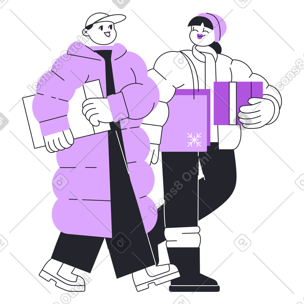 Illustration Friends in winter clothing holding gifts, Christmas shopping and holiday preparations dans le style Grapy à télécharger aux formats PNG, SVG
